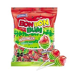 Colombina Bon Bon Bum Lollipops w/Bubble Gum Center - Watermelon Candy Flavor, Pack of Individually 24 Wrapped Gluten Free Pops, Ideal for Party Favors and Gifts, 14.4 oz bag, (24 count)