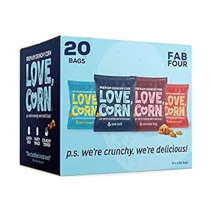 LOVE CORN Sea Salt, BBQ, Salt & Vinegar, Habanero | Delicious Crunchy Corn Natural Snack | Fab Four Variety Pack | 0.7oz x20 bags (5 bags all flavors) | Non-GMO, Gluten-Free, Plant Based, Low-Sugar