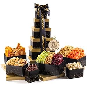 Mothers Day Dried Fruit & Mixed Nuts Gift Basket Black Tower + Ribbon (12 Assortments) Gourmet Food Bouquet Arrangement Platter, Birthday Care Package, Healthy Kosher Snack Box, Mom Women Wife Adults