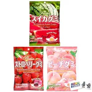 Kasugai Japanese Gummy Candy with Real Fruit Juice (3 Pack) (Peach, Strawberry, Watermelon)