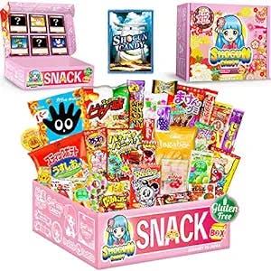 SHOGUN CANDY HIME BOX Japanese snack box full of yummy gluten free snacks and candy from Japan. 30 pieces of kawaii Japanese dagashi in this crate.