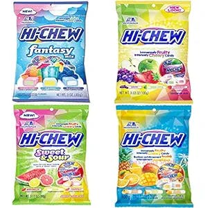 Hi Chew Candy Variety Pack - 4 Different New Assorted Flavors Fantasy Mix, Original Mix, Tropical Mix Sweet and Sour Flavor, Japanese Candy Pack of 4