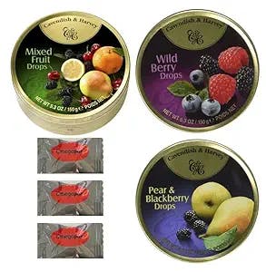 Cavendish And Harvey Candy 3 Flavor Variety Bundle Fruit Hard Candy Tin 5.3 Ounces Imported German Candy (Mixed Fruit, Wild Berry, Pear and Blackberry Drops) With Omegapak Starlight Mints