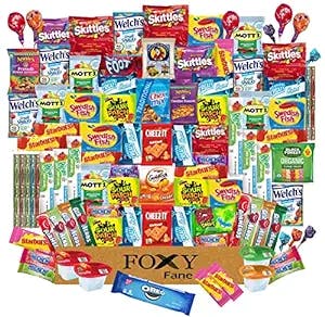 Foxy Fane 100 count Snack Box - Ideal Easter Gift Basket with Variety Assortment of Crackers, Cookies, Candy & Chips - Bulk Bundle of Tasty Treats for Kids, Teens & Children of all Ages (100 Snacks)