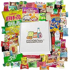 Mashi Box Deluxe Asian Dagashi Snack Box - 55 Pieces - 6 FULL SIZED ITEMS, Comes with Ramune Drink, Asian Noodles, Asian Chips, Asian Candy