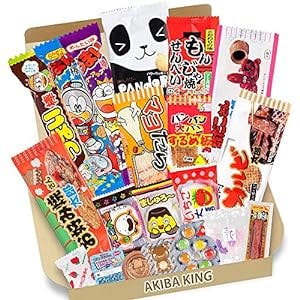 Trial Japanese Dagashi 20pcs Box 20pcs Umaibo Snack Gummy potato Chip Kitty chocolate w/ AKIBA KING Sticker